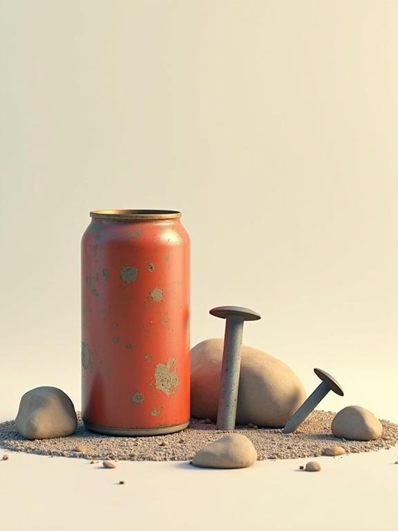 3D cartoon-style illustration showing a rusted can and sharp cartoon nails. Several dirty rocks beside a gravel road. Objects rendered in friendly 3D cartoon style. Simple colors and exaggerated shapes. Neutral background to maintain focus on objects.