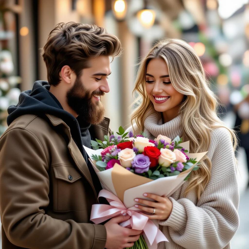 Young couple exchanges flowers in a charming street filled with soft light. A happy woman admires a beautiful bouquet held by her partner. She has long blonde hair. He has a full beard and wears a cozy jacket. The scene captures a joyful romantic moment.