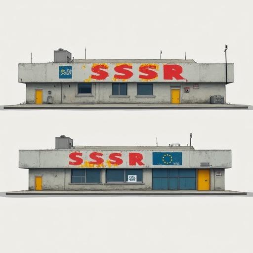 Architectural design of a Soviet-era concrete checkpoint building. Three to four orthographic views. Shows peeling paint with visible 'SSSR' letters. Includes EU symbols crudely painted over old signage. Focus on flat colors with prominent outlines. A strict and consistent art style with no gradients. Solid grey background.