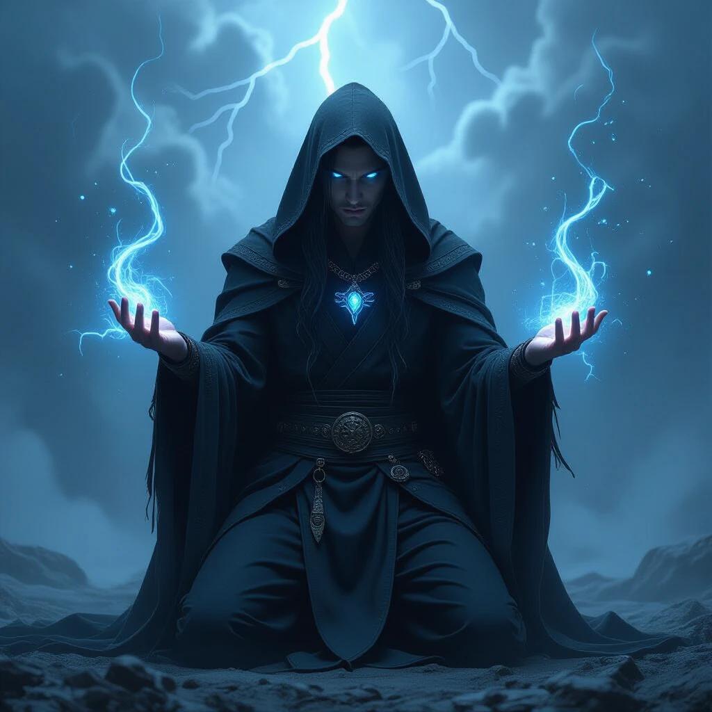 A figure kneels in a storm with glowing magic. Cloaked in black robe. Intricate tattoos glow. Blue light emanates from fingertips. Dark hair falls around the face. Eyes connect with the storm. Lightning strikes in mist. An ancient ritual is hinted beneath with objects.