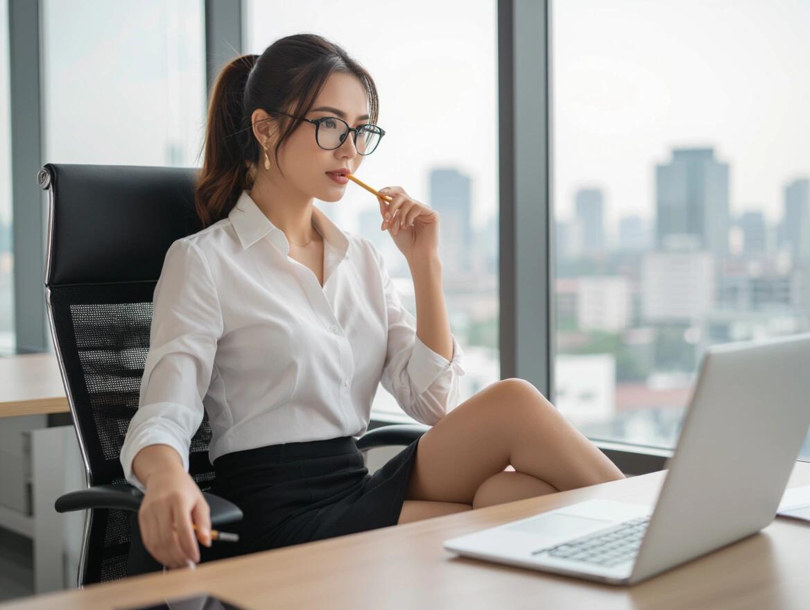 Woman of Asian descent with brown eyes and brunette hair wears a short business skirt and white blouse. She is sitting in an office chair looking out the window. Lightly chewing on a pencil eraser while ignoring the camera. Has a ponytail and black rimmed glasses.