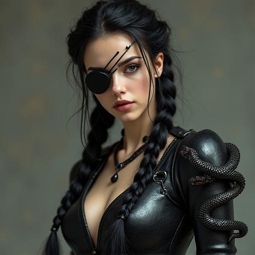 A young woman with light complexion and long black hair in braids. She wears a pirate-style eyepatch and a low-cut black dress resembling armor. Several mechanical snakes are present. The image has a mysterious touch.