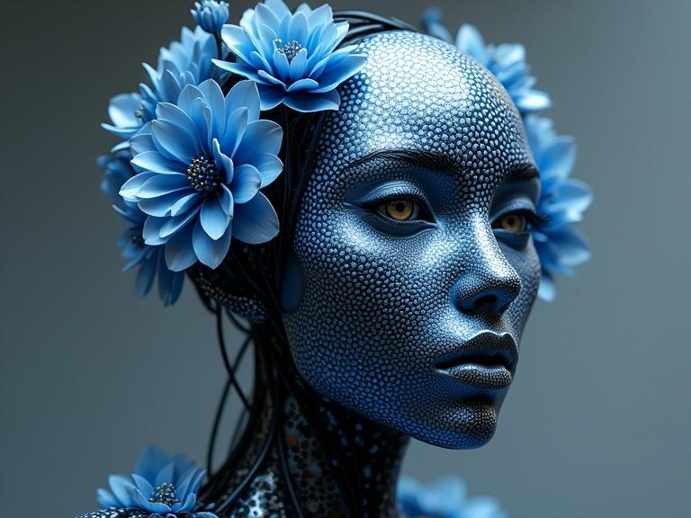 A striking 3D blue polka dotted titanium sculpture adorned with wild polka dotted blue and white flowers. Intricately patterned mesh-like designs cover its surface. The sculpture features a serene expression set against a dark glossy background. Light and shadow highlight its artistic nature.