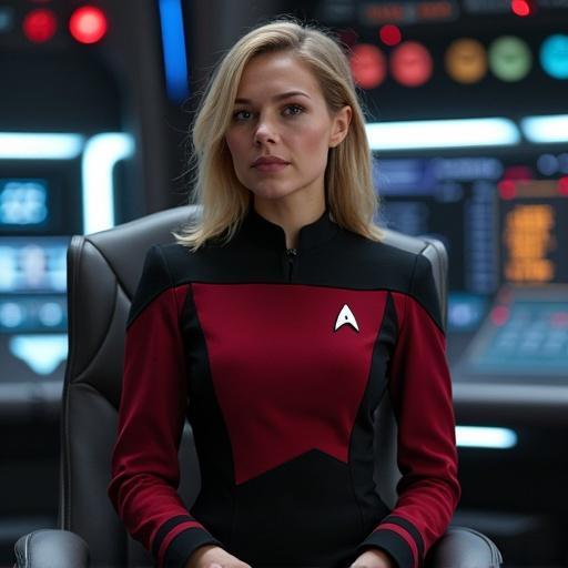 A female officer in Starfleet uniform sits confidently in a captain's chair. The scene takes place on a technologically advanced starship bridge with screens and controls visible.