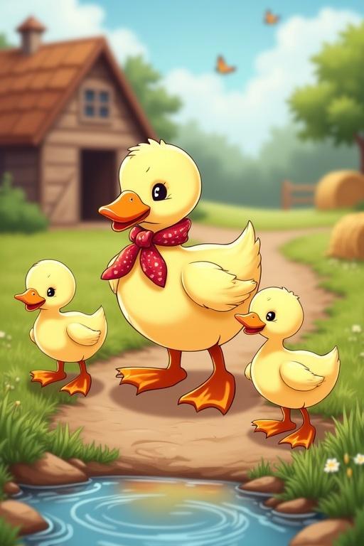 Charming cartoon illustration of a mother duck with a kerchief leading fluffy yellow ducklings on a grassy path near a rustic barn and pond. Ducks are engaging in playful activities like splashing in a puddle and chasing a butterfly. Soft outlines and warm sunlight create a nostalgic storybook feel.
