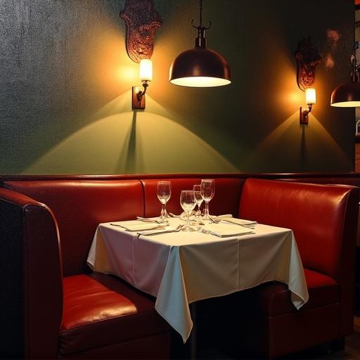 Oil painting of a diner scene in a dramatic setting. Features a booth with a white tablecloth. Soft candlelight illuminates the area. Rich colors enhance the atmosphere.