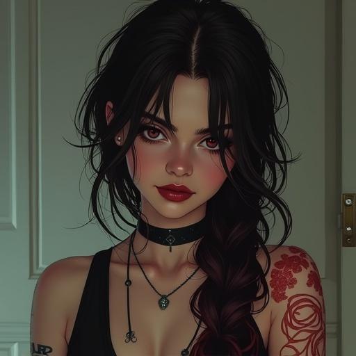 Create a captivating digital illustration of a woman with dark hair. She has a mysterious expression and notable tattoos, wearing trendy fashion. The setting is contemporary with elegant background elements.