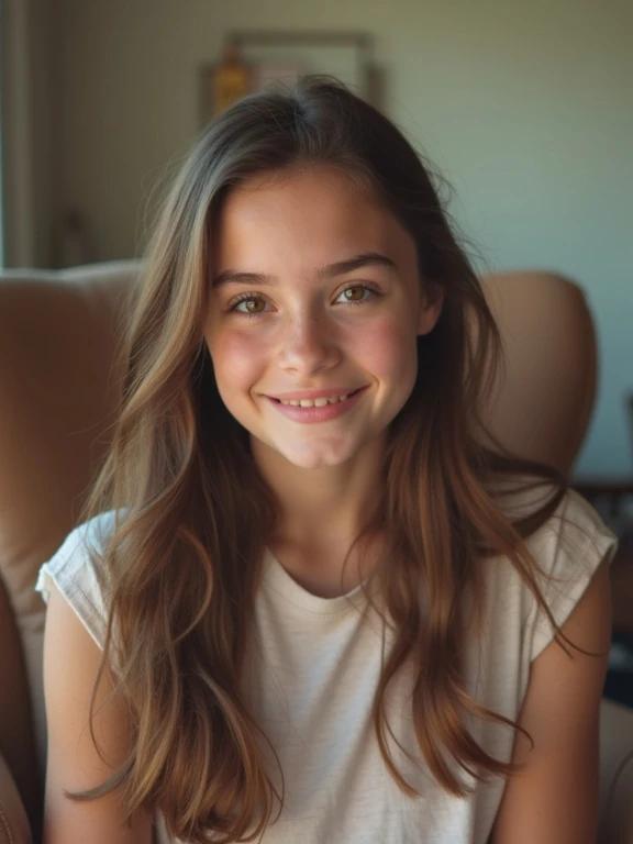 A casual portrait of a teenage girl sitting in a living room. She has beautiful brown hair and wears a simple white shirt. The lighting is soft and there is a relaxed feel to the image.