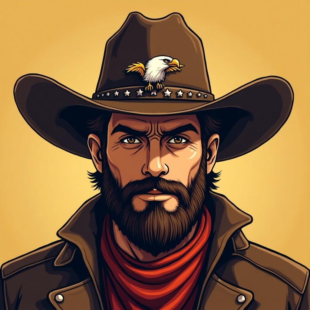 Avatar featuring a bearded cowboy wearing a cowboy hat adorned with an eagle emblem. The background is a warm yellow hue.