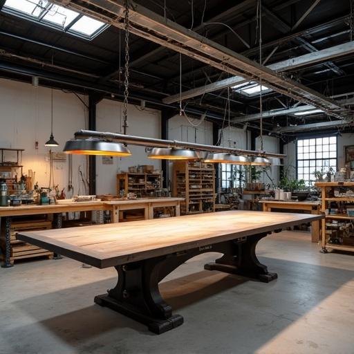 Image showcases a spacious workshop with a large wooden table. Suspension lights hang above the table, illuminating the workspace. Surrounding shelving units are filled with tools and materials. Natural light enters through windows creating a bright atmosphere.