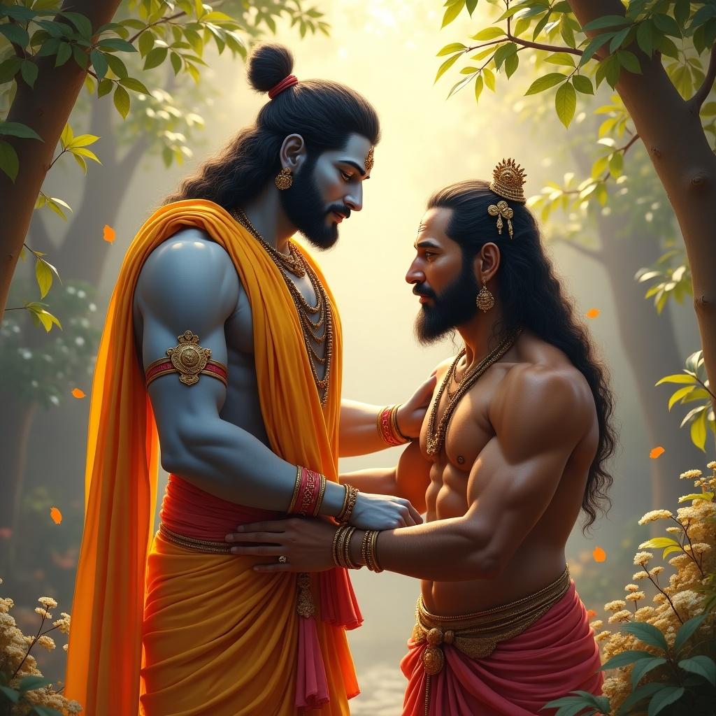 The image depicts a touching moment between Lord Ram and Hanuman in a serene forest setting. Lord Ram, adorned in bright orange and golden attire, is shown in a warm embrace with Hanuman, who is muscular and expressive. The background is filled with lush greenery and soft, golden light that creates an ethereal atmosphere. This portrays the deep friendship and loyalty between them, emphasizing themes of devotion and heroism. Their expressions reflect mutual respect and love, showcasing an iconic relationship from Hindu mythology. The setting adds to the spiritual tone of the image.