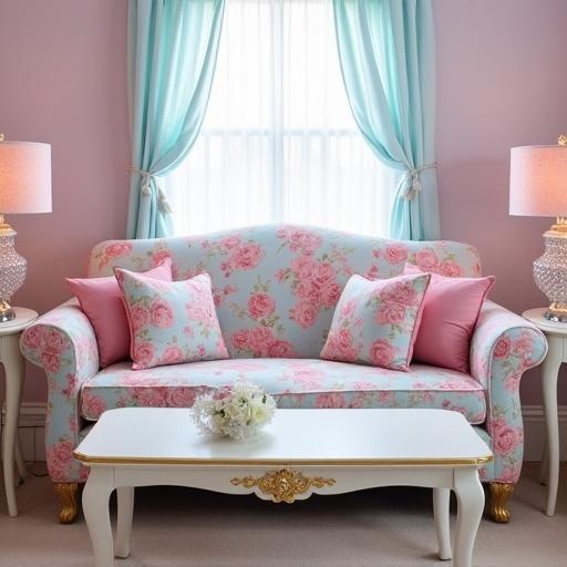 Bright living room featuring a pink rose print sofa against a light blue background. Accompanied by a white coffee table with gold trim. Two matching end tables with crystal lamps and pink rose print shades on either side. Light pink walls enhance the ambiance. Window adorned with light blue sheers.