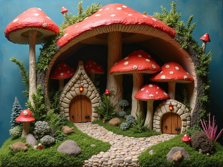 A whimsical village inside a giant hollowed-out mushroom cap features tiny houses with mossy roofs and winding pebble paths. Glowing lanterns illuminate the scene. Miniature residents scurry by while ferns and wildflowers grow along pathways.