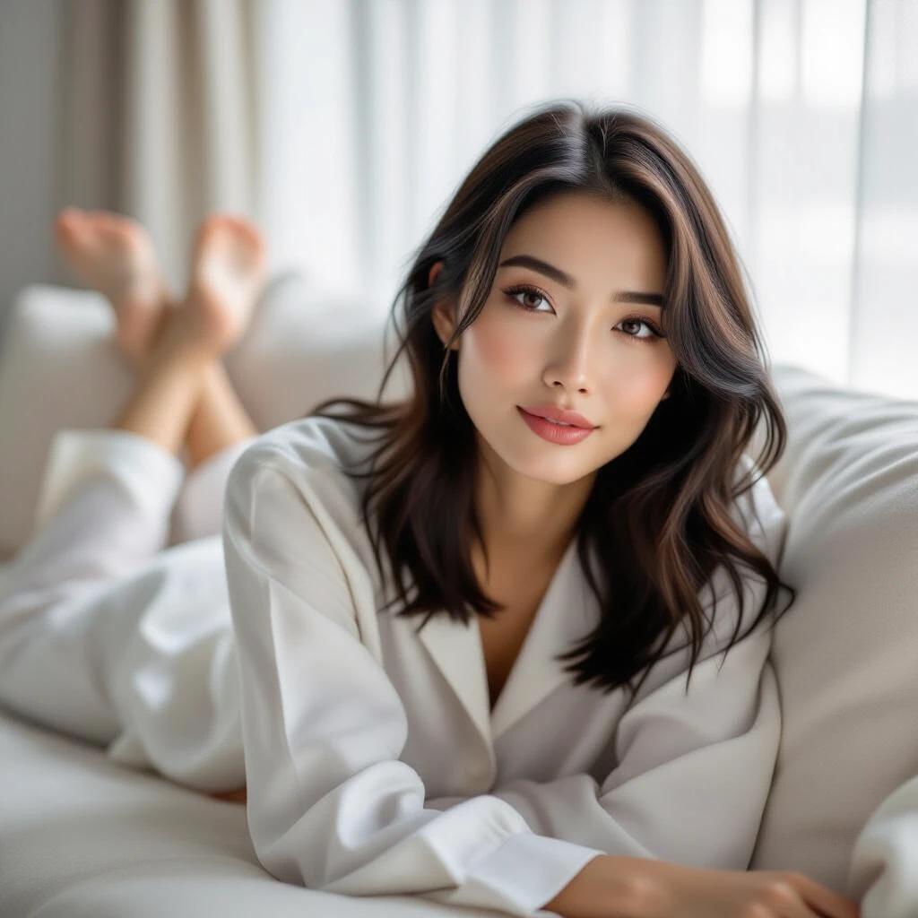 A woman with black straight shoulder-length hair. She has defined features and a relaxed expression. She's wearing light pajamas. Lying face down on a minimalist sofa. Feet slightly elevated. Soft natural light filters through translucent curtains. Modern living room setting. Close-up captures her calm gaze.