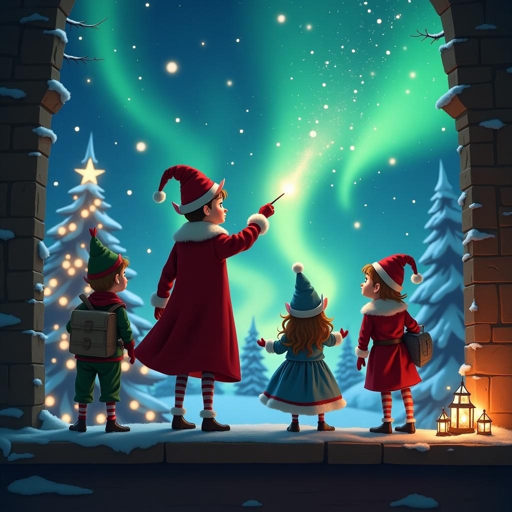 The image features an elf on the shelf with its back facing the viewer, gazing at a radiant sky. Using a magical wand, the elf writes 'Skyler, Bryce, Wyatt and Jaylah, I’m back!' in shimmering letters. The background is a breathtaking Christmas scene with enchanting northern lights and a snowy landscape. Nearby are characters dressed in festive attire, all engaging with the magical atmosphere. A cozy, wintery ambiance surrounds the scene, enhancing the holiday spirit.