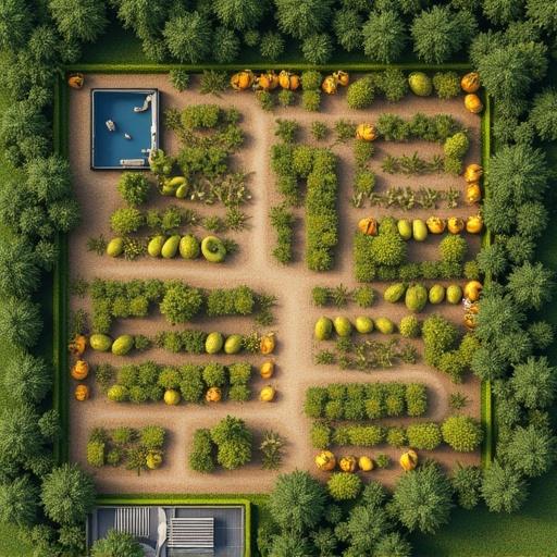 A detailed layout of a durian farm on 2.6 acres in an aerial view. The farm showcases neatly arranged sections with fruit trees and crops. There's a pool area in the corner. The space is surrounded by lush green trees and well-maintained paths, highlighting sustainable farming practices.