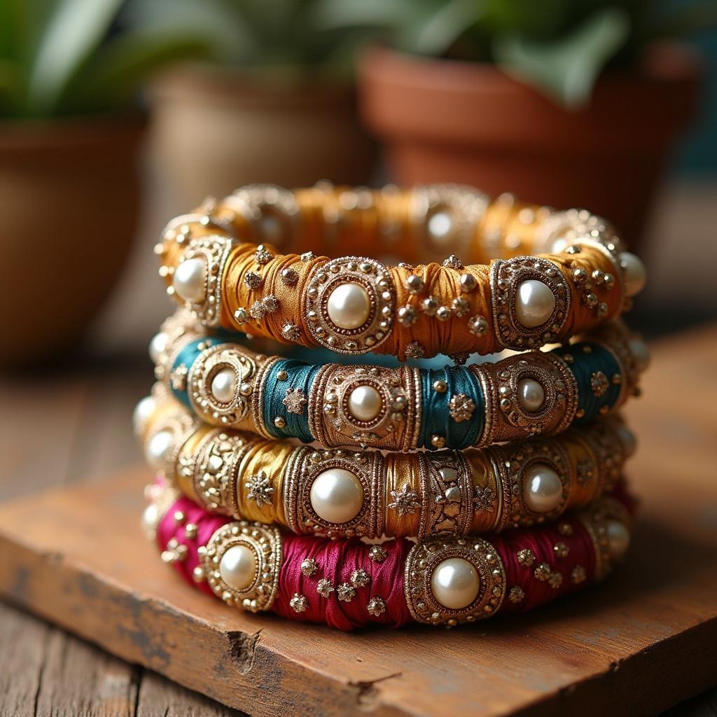 Collection of fabric threaded bangles with pearls and kundan stones. Detailed craftsmanship. Sparkling embellishments. Vibrant color palette. Set against soft lighting.