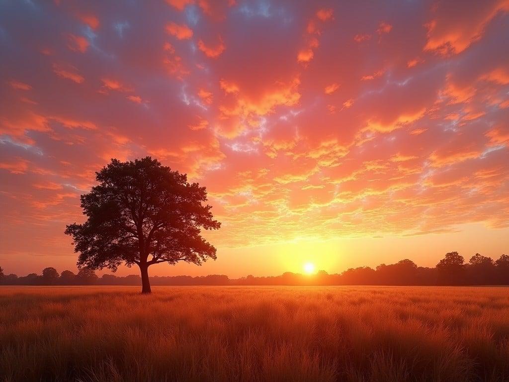 This image shows a beautiful sunset with a sky painted in vibrant shades of pink and orange. The clouds are spread out, creating a stunning texture that adds depth to the scene. The horizon is dotted with silhouetted trees, enhancing the image's natural beauty. A lone tree stands prominently in the center of a golden field, adding a focal point to the composition. The lighting and saturation are expertly balanced to create a breathtaking and serene atmosphere.