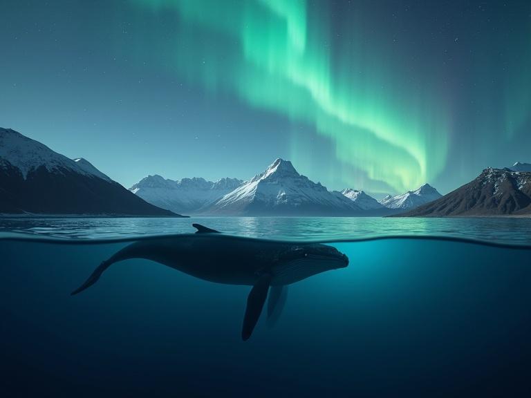 Whale swimming below the surface. Aurora reflecting from above. Scenic mountains in the background. Nighttime setting.