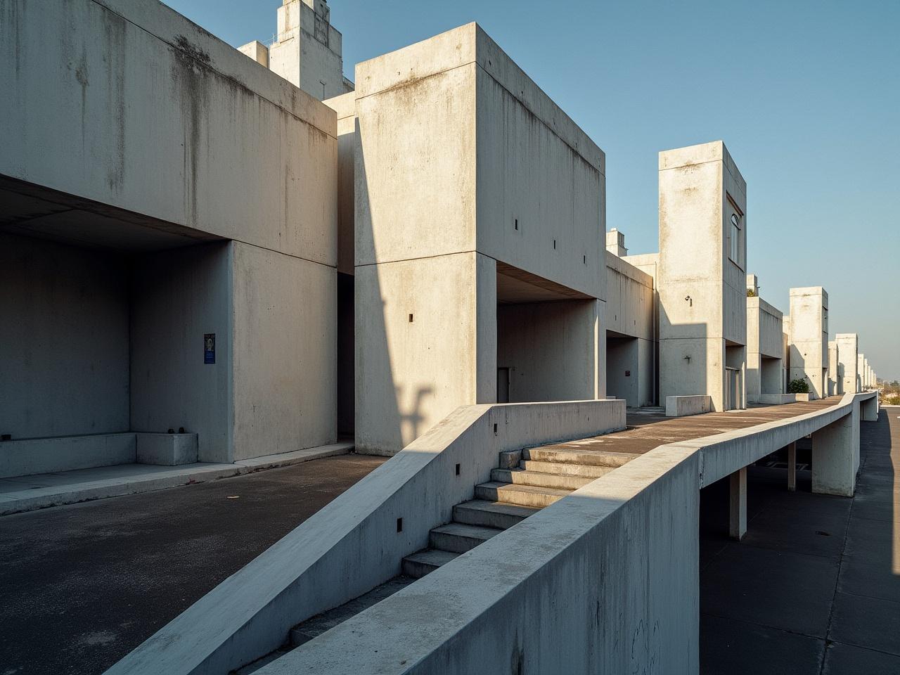 A photograph of a series of Brutalist concrete buildings with geometric shapes and minimalistic design, bathed in natural light and casting long shadows.