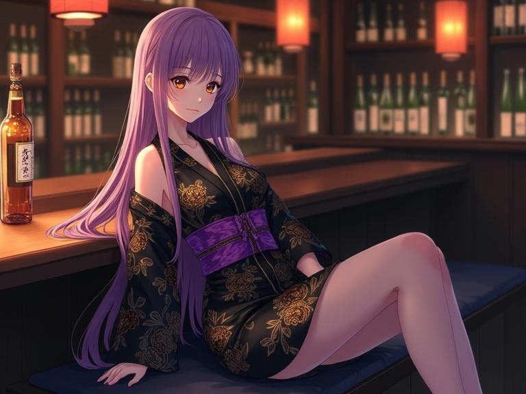 Beautiful anime Japanese woman with long straight violet hair and warm brown eyes. Wearing a black kimono with gold floral patterns and a violet obi. Reclining elegantly on a cushioned bench in a traditional Japanese bar setting. Warm glowing lanterns and wooden shelves with bottles in the background create a serene atmosphere.