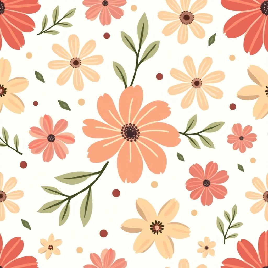 Seamless floral pattern featuring various flowers such as roses and daisies on a light background. Vibrant colors like pink, red, and peach. Integrated greenery adds a cheerful aesthetic. Ideal for textiles and wallpapers.