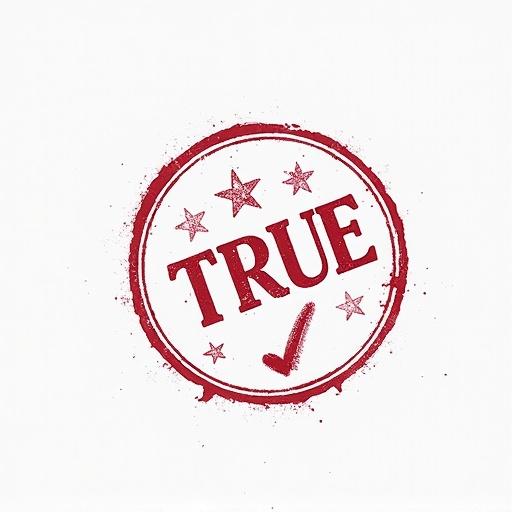 High-resolution image of a rubber stamp mark on light paper. Stamp says 'TRUE' in bold capital letters, includes checkmark. Design resembles real ink stamp with irregular edges and smudges. Classic red ink gives a vintage look. Stamp appears slightly tilted for realism.