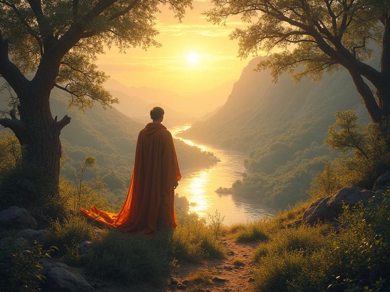 Enoch stands in a vibrant landscape. Animals roam among trees. A river glows faintly with divine energy. Realistic style. Warm ethereal light. 9:16 aspect ratio.