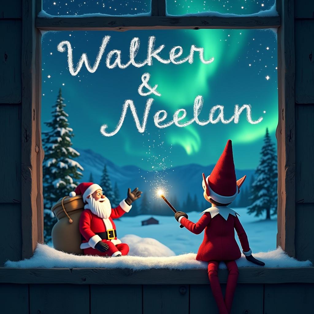 An elf on the shelf facing the night sky. The elf uses a magical wand to write in the sky. The scene has a Christmas background with vibrant northern lights. Santa Claus is visible in the scene. The names 'Walker & Neelan' are scripted in the sky.