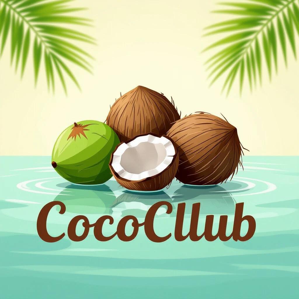 Logo design inspired by tropical coconuts. Features three green coconuts on calm water. Background includes a palm leaf. Uses earthy color palette. Text CocoCllub in bold font. Modern vector-style finish. Suitable for branding and social media.