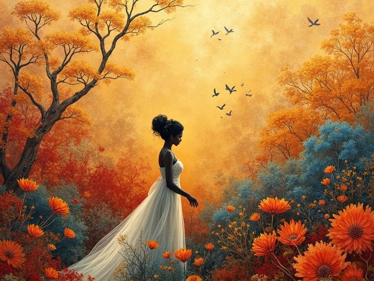 An abstract painting depicting a silhouette of a woman in a flowing dress walking through a vibrant autumn landscape. The scene is filled with rich layers of warm colors and detailed floral elements. The background glows with golden hues and birds are flying in the sky. Dynamic light plays across the image.