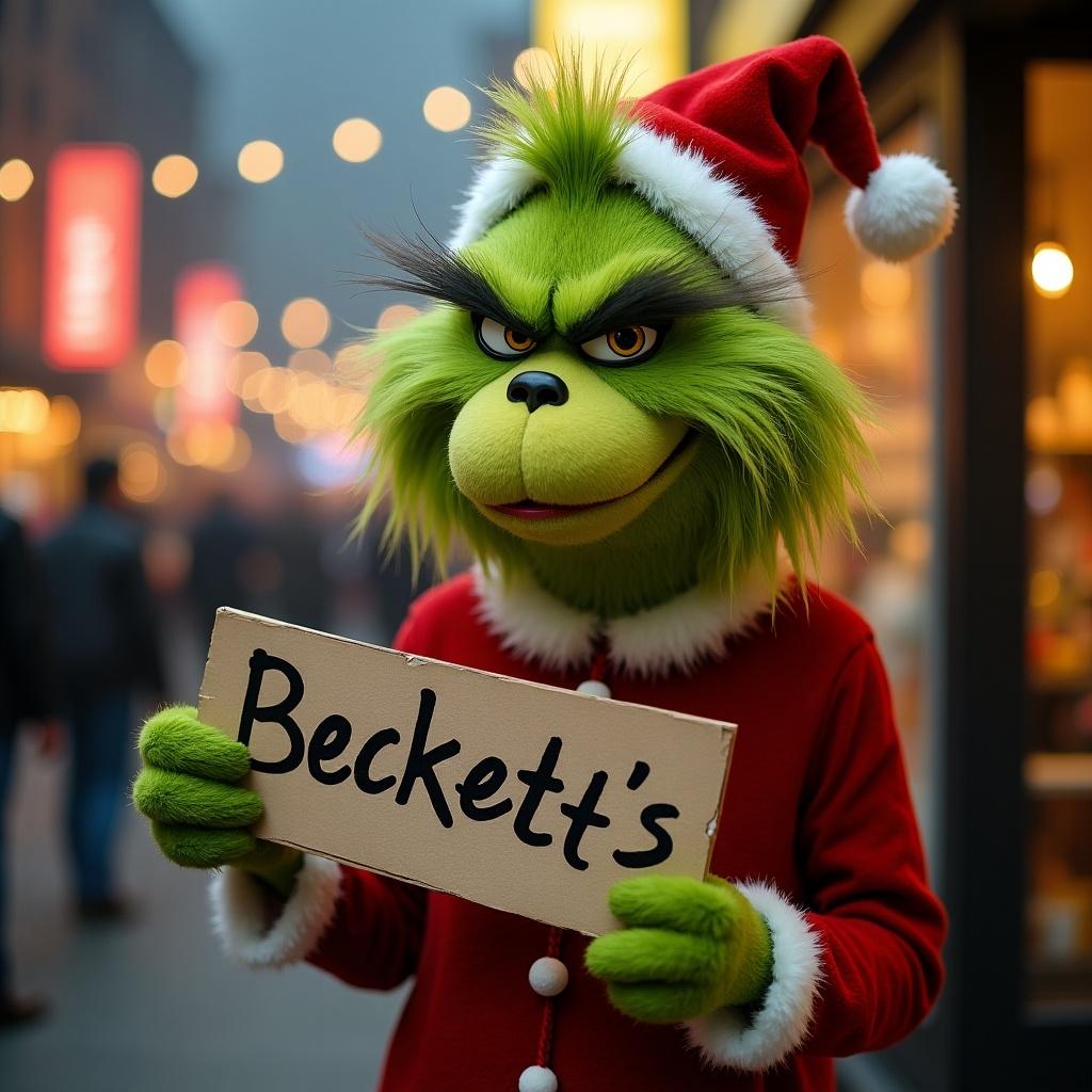 The Grinch character holding a sign that reads Beckett's in a festive setting