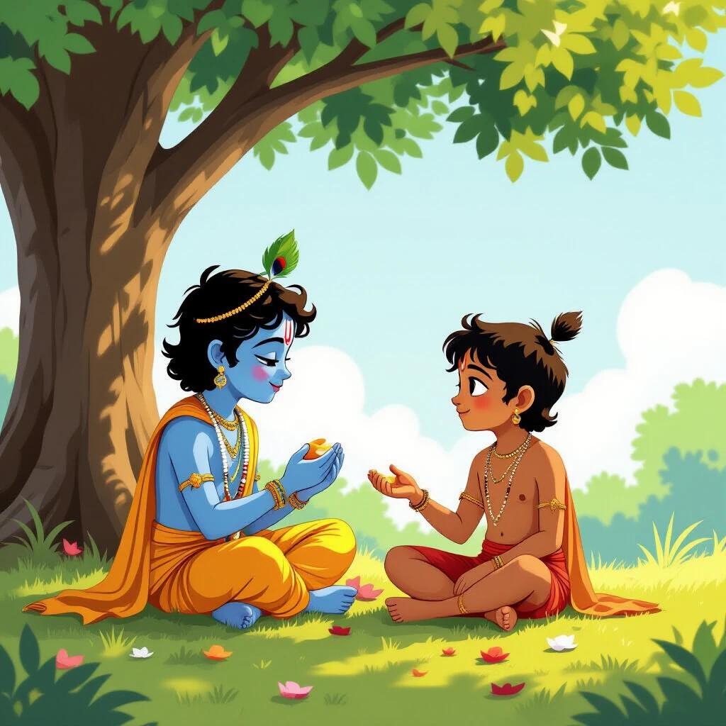 A young Krishna with blue skin and yellow clothing shares moments with his friend Sudhama under a tree. Sudhama wears simple clothing and has no hair. Both boys engage joyfully in play.