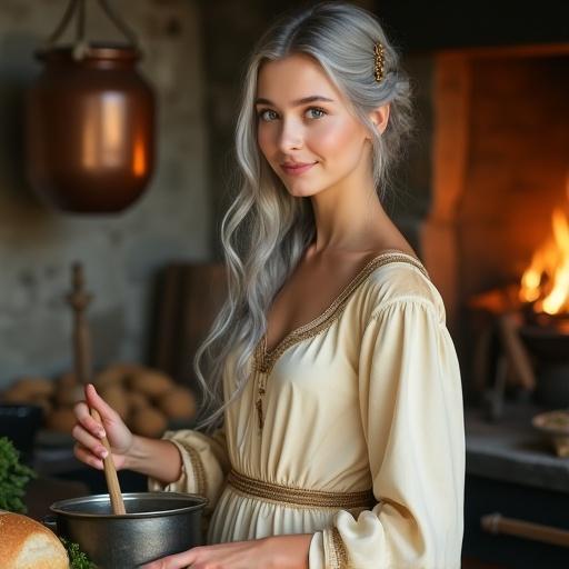 Half-body portrait of a young noblewoman. She has long silver hair tied in a loose bun with a golden hairpin. Her skin is fair and eyes are gray-blue. Wearing a pale gold dress with gold embroidery featuring rolled-up sleeves. She stands in a kitchen stirring a pot, with vegetables and bread around her. The background shows stone walls and copper pots. Soft lighting highlights her dress and steam from the pot.