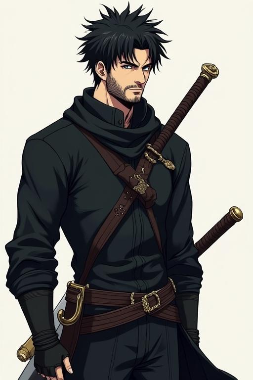 Create anime style character design with spiky black hair. Character wears tight black outfit with a sword on the back. Has a complete light beard. The character appears muscular and is 19-20 years old. Art style inspired by Attack on Titan. Simple outfit design focused on warrior appearance.