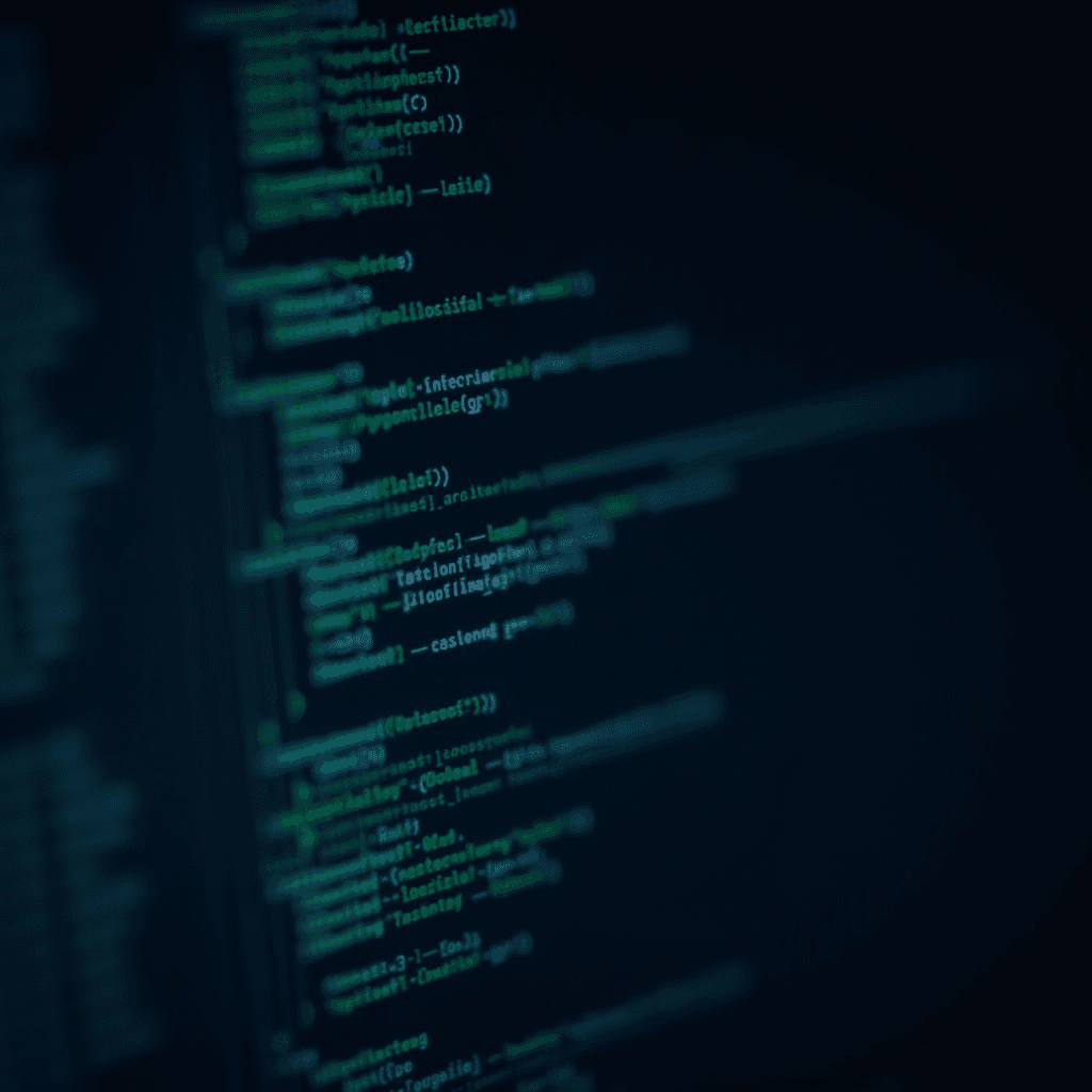 A blurred image of computer code written in a dark-themed text editor, showcasing lines of syntax highlighted in green and blue.