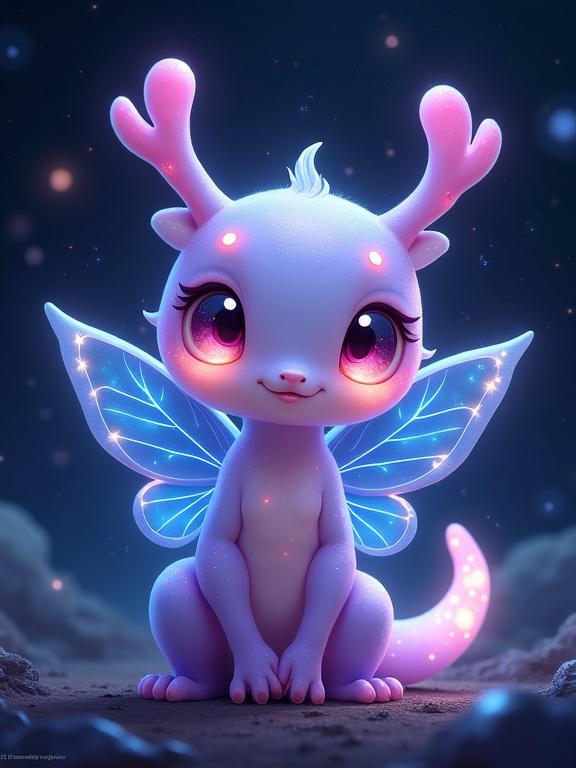 A bioluminescent sprite creature with a soft blend of purples pinks and blues. It has glowing wings with intricate patterns. The character has big bright eyes and a delicate structure resembling an axolotl and a butterfly. It appears in a mystical dark setting with soft floating lights around.