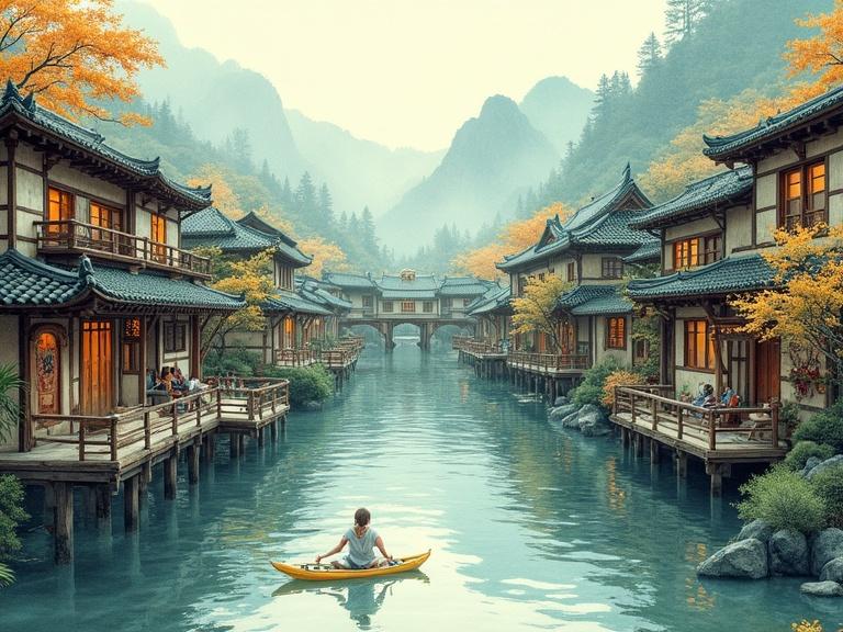 High fantasy fishing village surrounded by mountains. Rustic medieval architecture with Asian influence. Kayaker on tranquil river. Autumn foliage in warm colors. Anime inspired with ink and watercolor style.