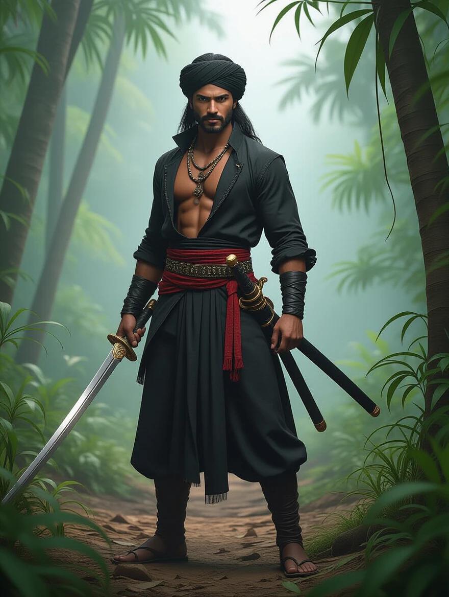 A young Sandokan stands confidently in a jungle. He wears a black outfit and a red sash. Sword at his side adds to his dynamic presence. Background features dense green foliage and soft lighting creating a mystical ambiance.
