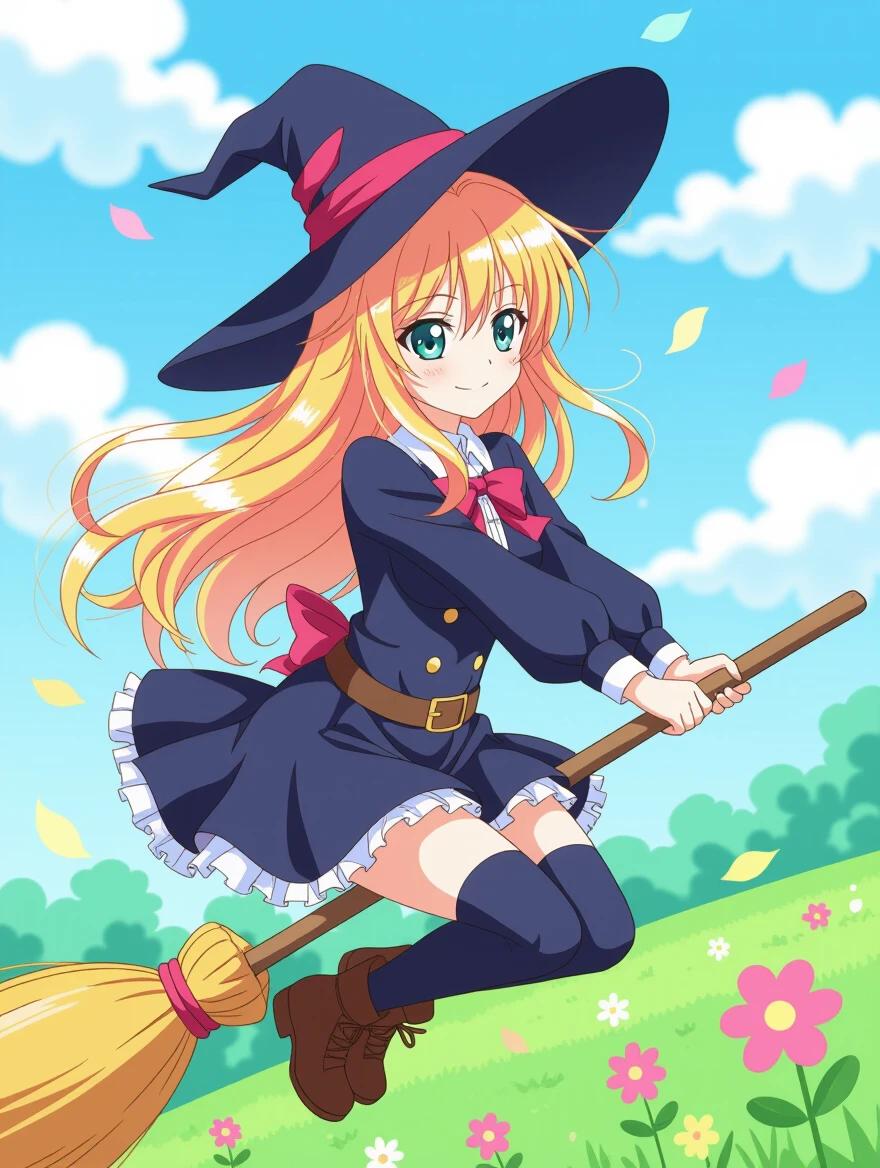 A witch character named Marisa Kirisame. She wears a big black hat and a navy blue dress. She rides on a broomstick while flying through the air. The character has long flowing hair that blows in the wind. The art style resembles shoujo anime. The background includes a bright sky with clouds and grassy fields.