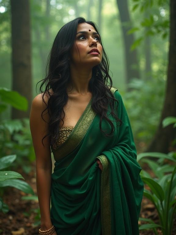 High-angle full-body portrait of a young Indian woman. She wears a bridal bottle green saree. The saree clings to her wet skin. She gazes upward with confidence. The forest is surreal with giant makeup brush trees. Leaves are crystalline and glossy. The ground features compacts and blush palettes. The atmosphere is vibrant and cinematic. Ultra-realistic detail is captured.