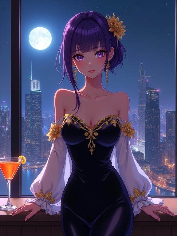 A stunning sexy lady stands gracefully in front of a large window inside an upscale lounge. She faces the viewer with an elegant yet mysterious expression. Sharp expressive violet eyes and refined facial features enhance her allure. The off-the-shoulder black gown has a glossy satin-like finish and intricate golden floral embroidery. White sheer sleeves are artfully flared. Violet hair styled in an elaborate updo is adorned with delicate gold flowers. Long refined earrings catch ambient lighting. Behind her is a grand city skyline at night, with illuminated skyscrapers and a full moon. A vibrant orange cocktail rests on the bar counter. Semi-anime aesthetic with romantic and immersive mood, shimmering textures, and cinematic lighting.