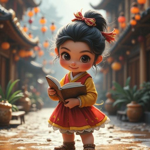 A young girl with big eyes is reading a book. She wears a colorful traditional outfit. The background shows a lively street with decorations. The scene is bright and inviting.