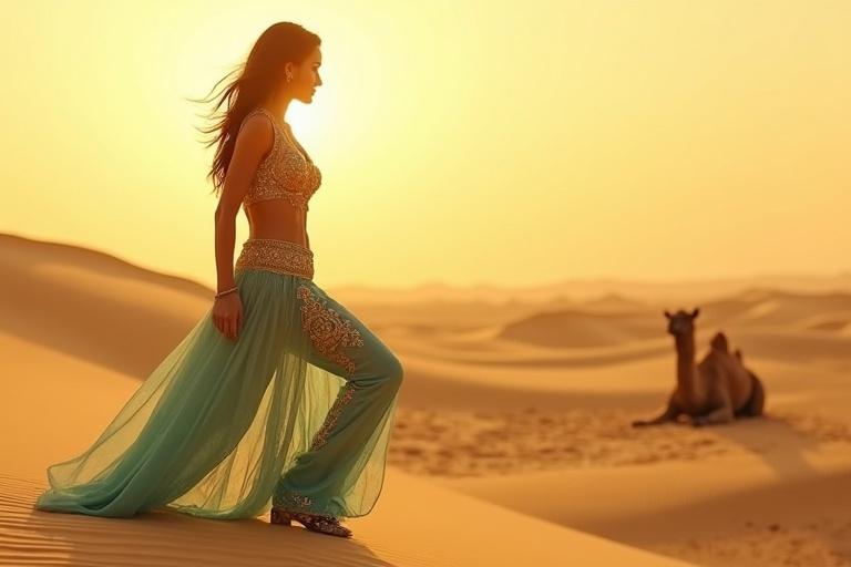 A tall Arabian princess steps up a sand dune in a golden desert. She wears a luxurious turquoise outfit with gold embroidery. The lighting is warm and golden. A camel rests in the background.