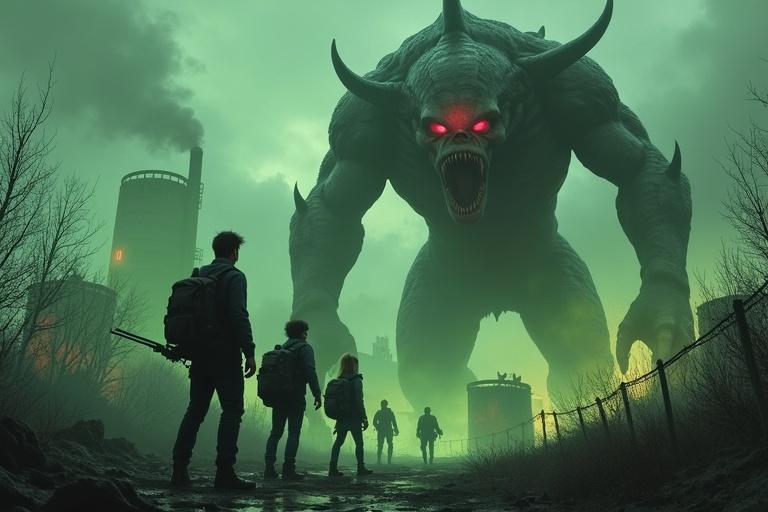 Dramatic thumbnail for a post-apocalyptic sci-fi story. Setting is a world in ruins after nuclear war. Barren land and blackened trees under radioactive clouds. Focus on Jake Carter holding a shotgun, Sarah with a backpack, and Ethan ready with a military rifle. Background features giant monster Leviathan with gray skin and glowing red eyes amongst factory ruins. Barbed wire and smoke enhance horror atmosphere. Dark green and gray color scheme with a hint of yellow light symbolizing hope. Title 'After the Nuclear Disaster' in bold silver-white font with red border.