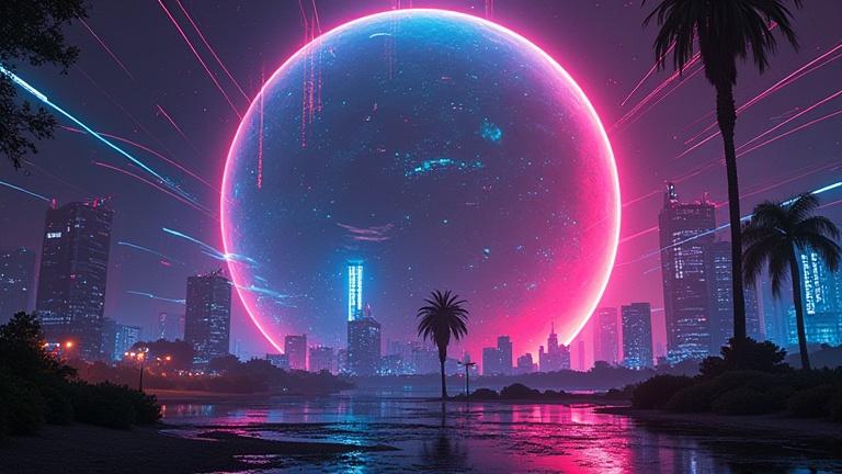 Futuristic captivating album cover art depicting a large glowing planet over a city skyline. Features vibrant neon colors and has the text 'Techno Mix #2'.