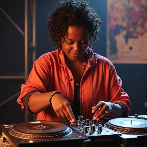 Female DJ from South Africa energetically performing on two turntables at a DJ competition. She is rapidly executing turntable tricks. Image captures a moment from the 1992 Ortfoin World DJ Mixing Championships eliminations.