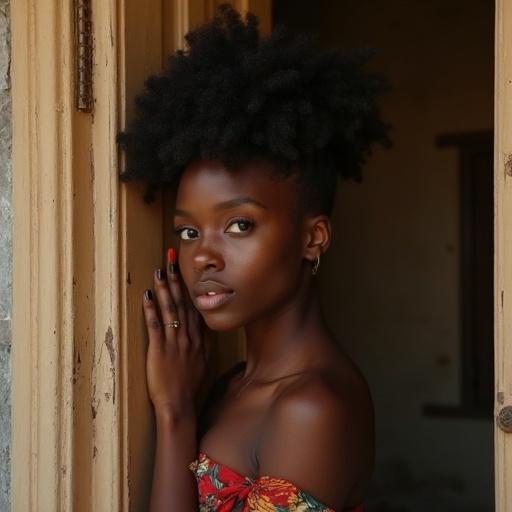 Portrait of a beautiful young African woman listening behind a door. Soft lighting highlights her features. Natural hair styled uniquely.