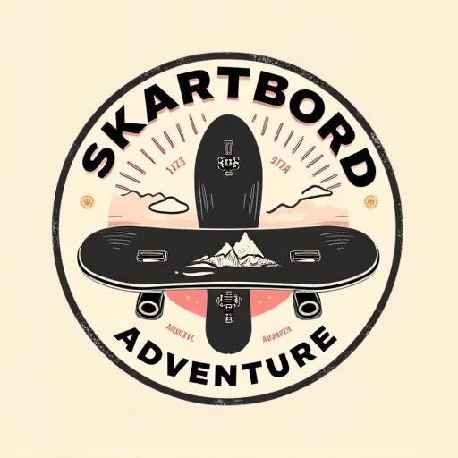 Design a circular badge logo featuring a skateboard. Include iconic skateboard elements and the text 'SKARTBORD ADVENTURE' in bold. Use a simple color palette with vintage style.