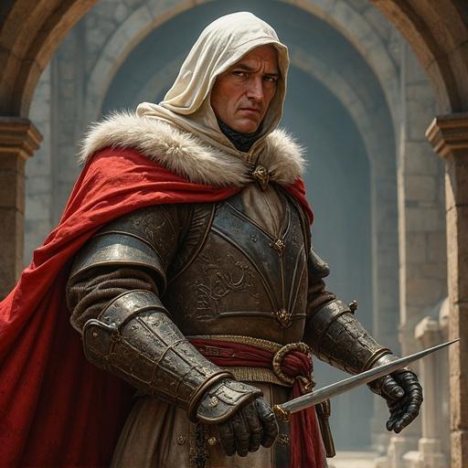 A majestic armored figure stands in a grand medieval setting. The character is adorned with luxurious fabrics and armory. Background arches create a sense of depth and intrigue. The figure holds a sword, ready for action.